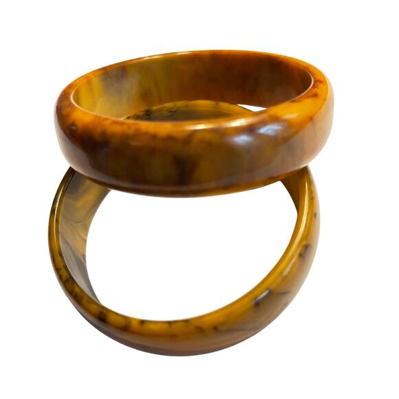 Chunky Vintage Bakelite bracelets (2) swirled caramel & chocolate wide width - Picture 2 of 7